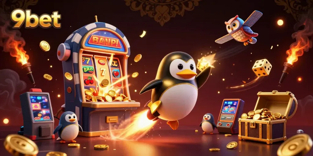 Experience 9bet's thrilling casino adventure with a vibrant golden penguin and slot machine fun!