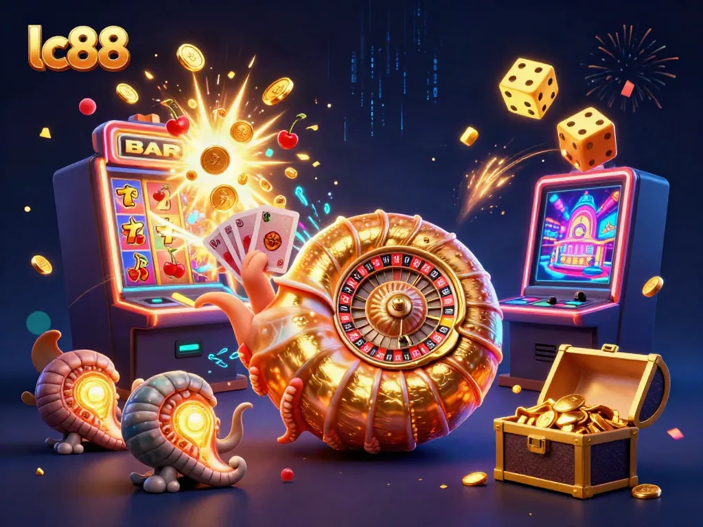 Experience the excitement of lc88 with a dynamic casino scene featuring a giant nautilus and slot machine.