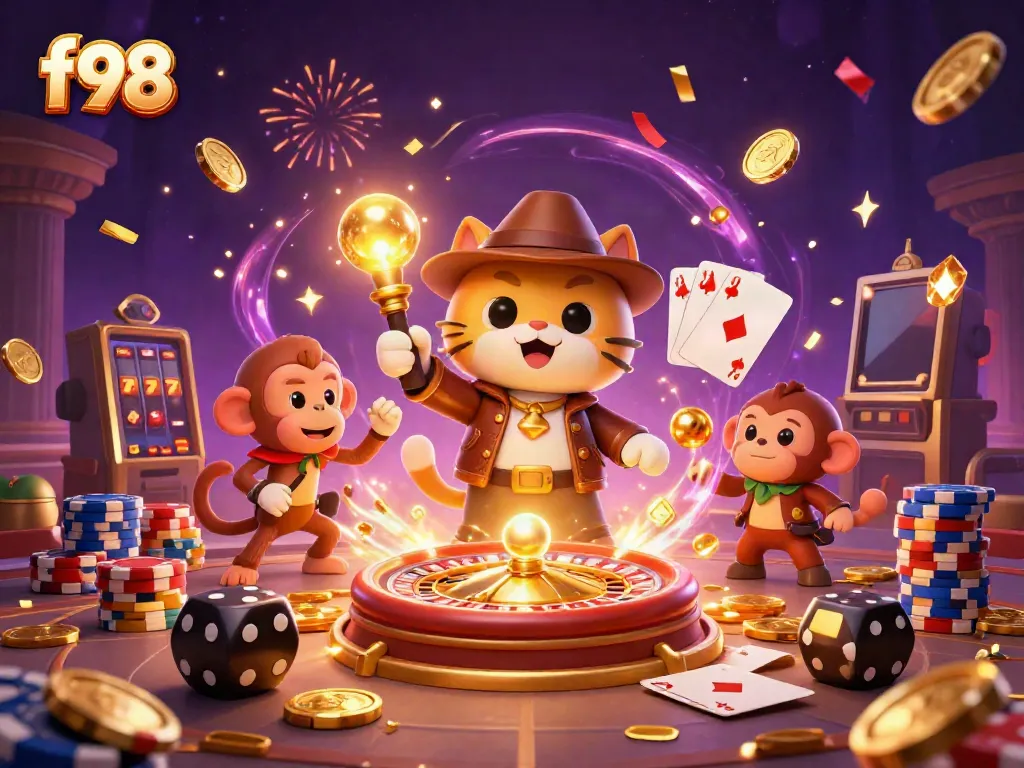 F98 captivates with a dazzling casino adventure featuring a fedora-clad cat explorer and treasures.