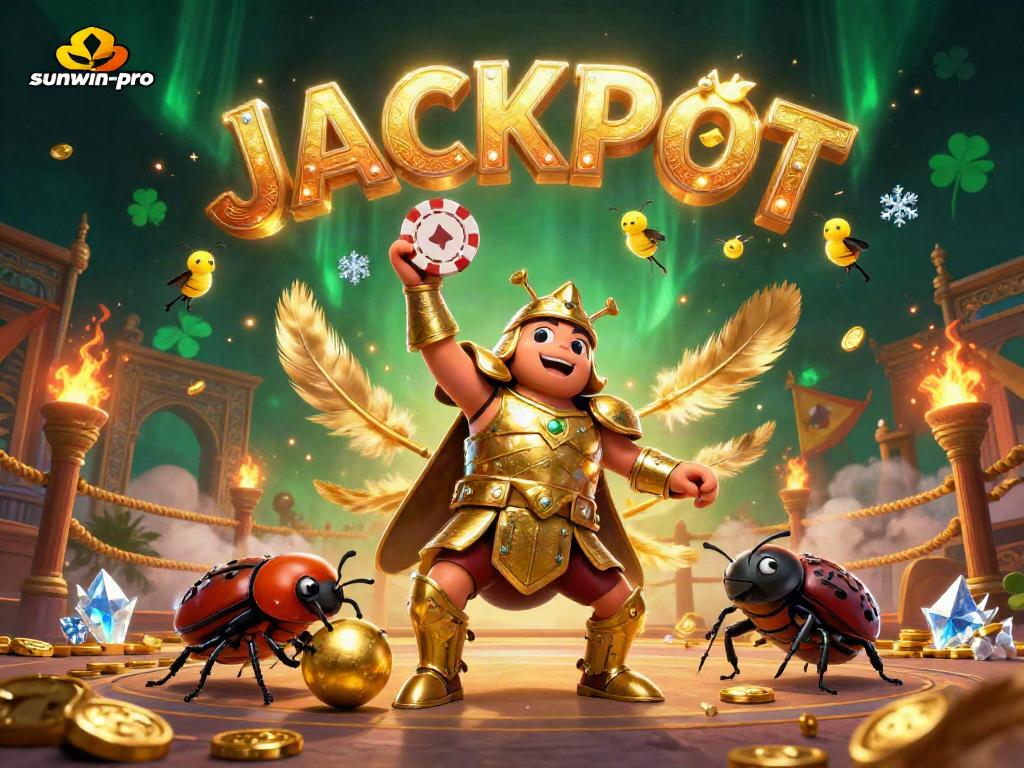 Experience the thrill of gambling with sunwin-pro featuring a victorious beetle lifting a poker chip.