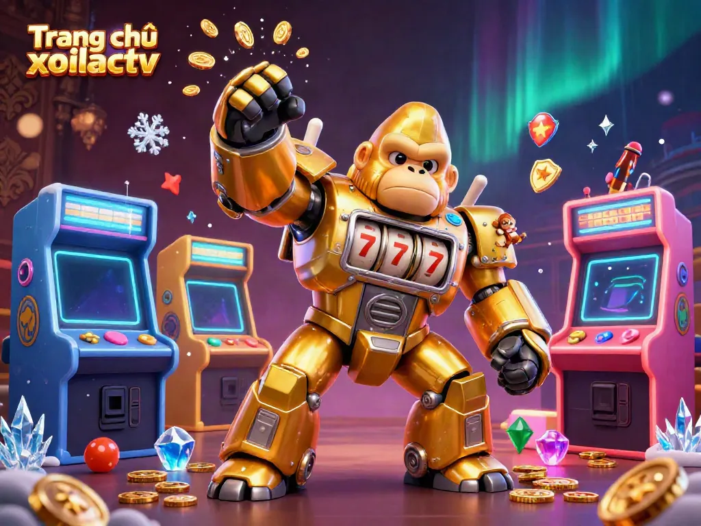Experience thrilling gaming action on Trang chủ xoilactv with an engaging gorilla mech illustration showcasing vibrant casino themes.