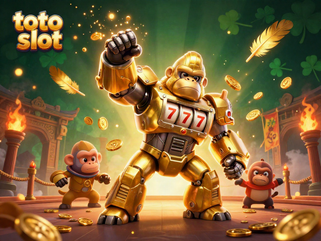 Experience the excitement of toto slot with a cartoon mech gorilla bursting with coins.
