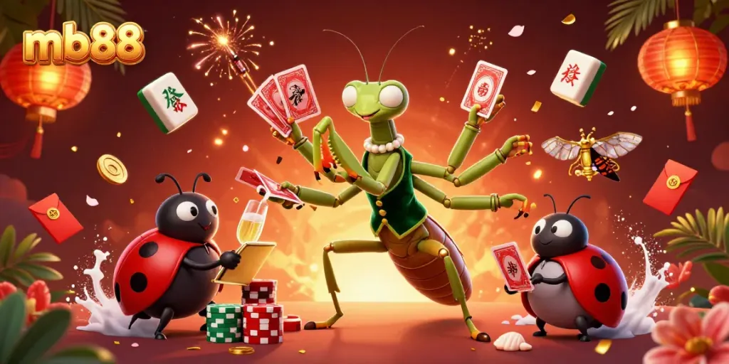 Engage in thrilling gameplay at mb88 as our vibrant mantis dealer pours champagne and shuffles cards.