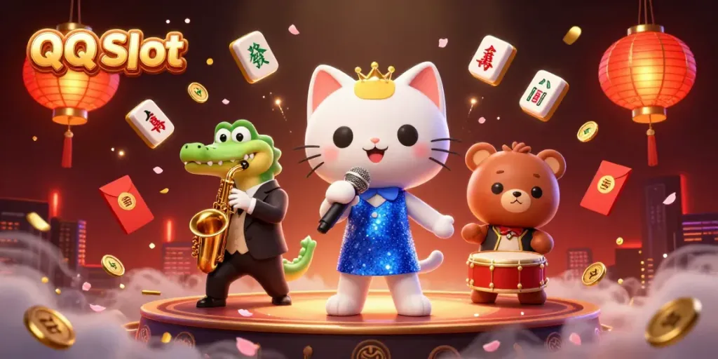 Experience the vibrant atmosphere of QQ Slot with a jazz-singer cat and friends in a bustling casino scene.