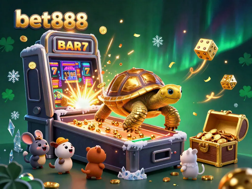 Bet888 players engaging with a colossal golden tortoise pinball machine amidst a vibrant casino atmosphere.