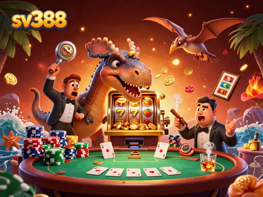 Experience the thrill of sv388 with a pachycephalosaurus hitting a jackpot while chaos unfolds in a vibrant casino.