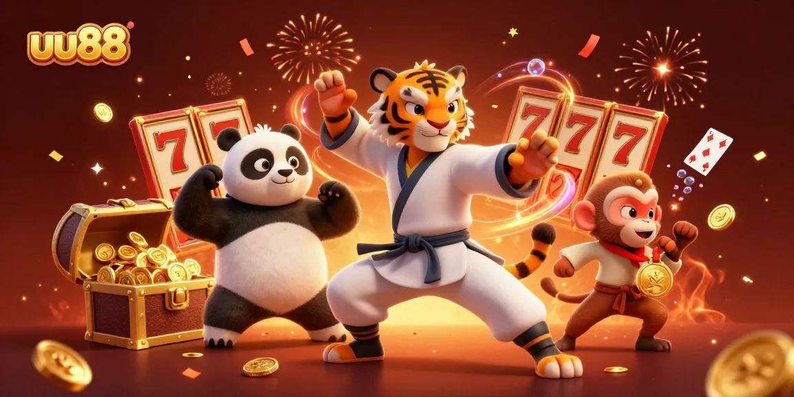 Engaging slot casino scene with uu88 characters around slot reels celebrating victories.