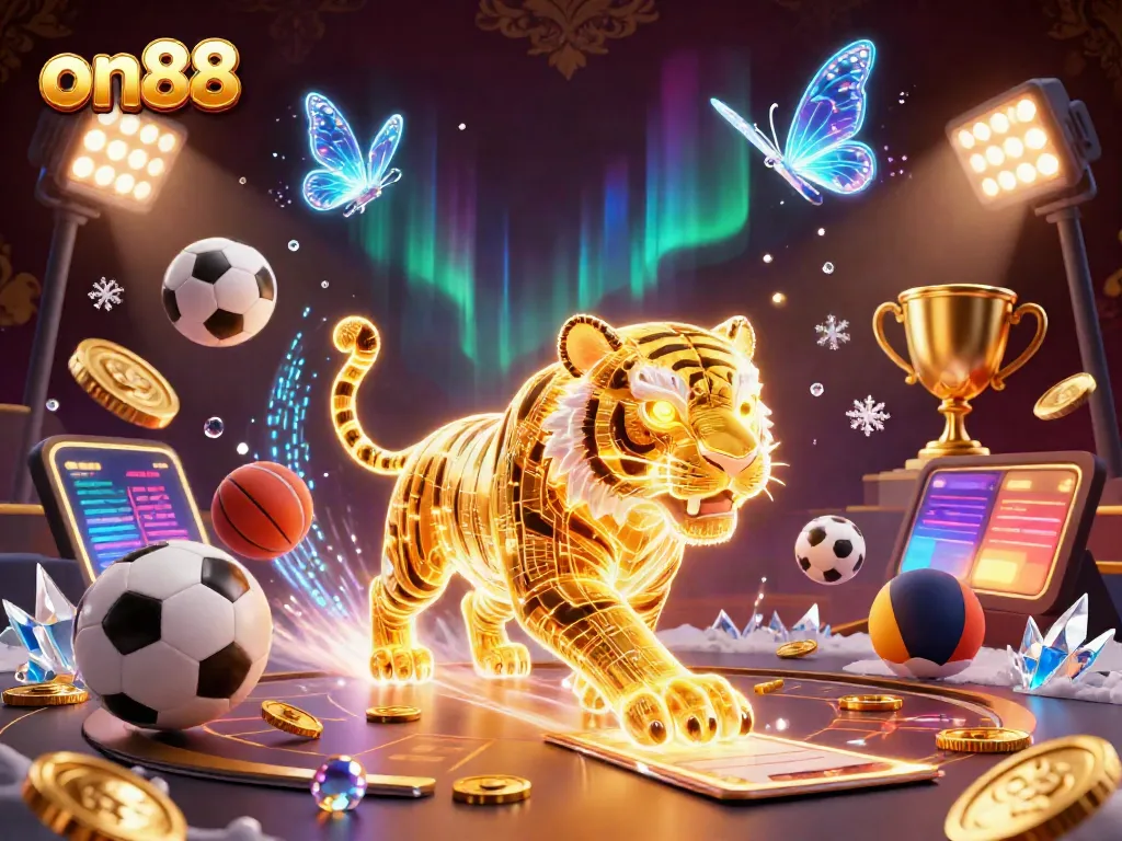 Experience dynamic gameplay in on88's vibrant casino scene featuring a golden tiger and sports elements.