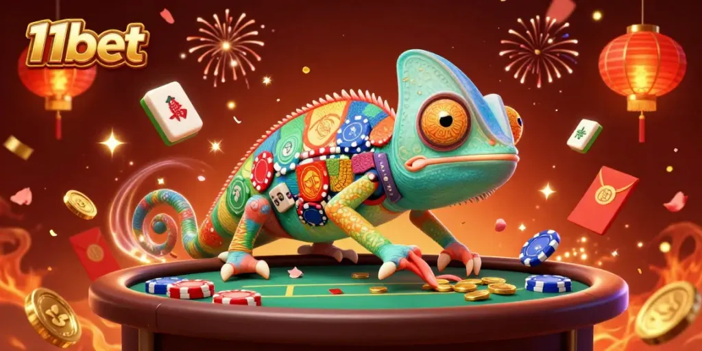 Experience thrilling wins at 11bet with a vibrant casino illustration featuring a dynamic chameleon.