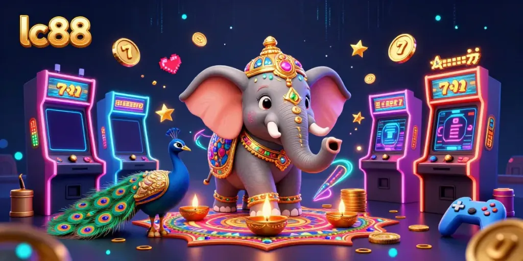 Experience thrilling lc88 gaming with vibrant slot reels and festive elephant characters.