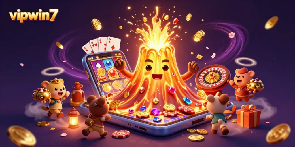 Experience thrilling wins with vipwin7's vibrant casino-themed 3D illustration showcasing treasure and excitement.
