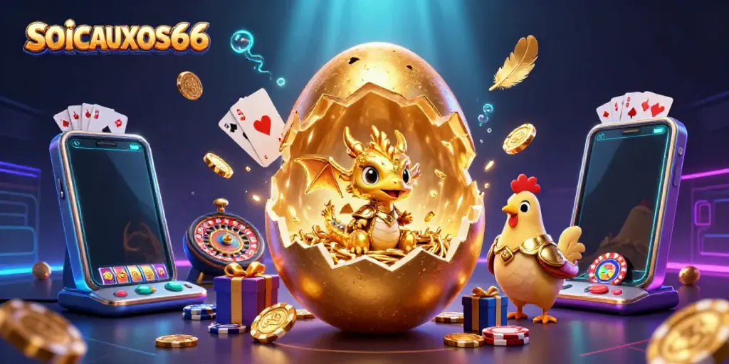Engage with SOICAUXOSO66's dynamic gaming scene featuring a golden dragon and poker chips.