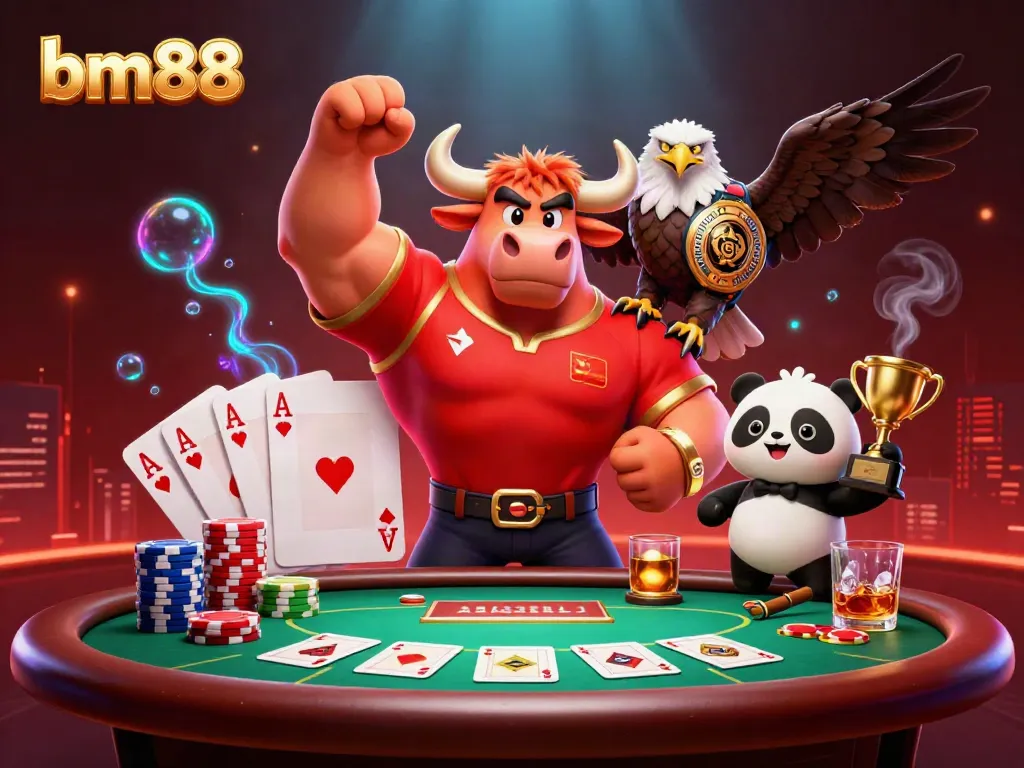 Engage with bm88 in a lively casino scene featuring a bull mascot, eagle, and panda.
