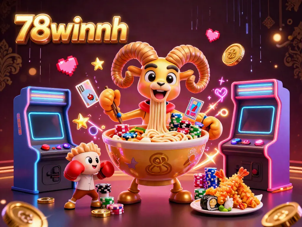 Experience thrilling gameplay at 78winnh with a vibrant casino scene featuring cartoon characters and arcade games.