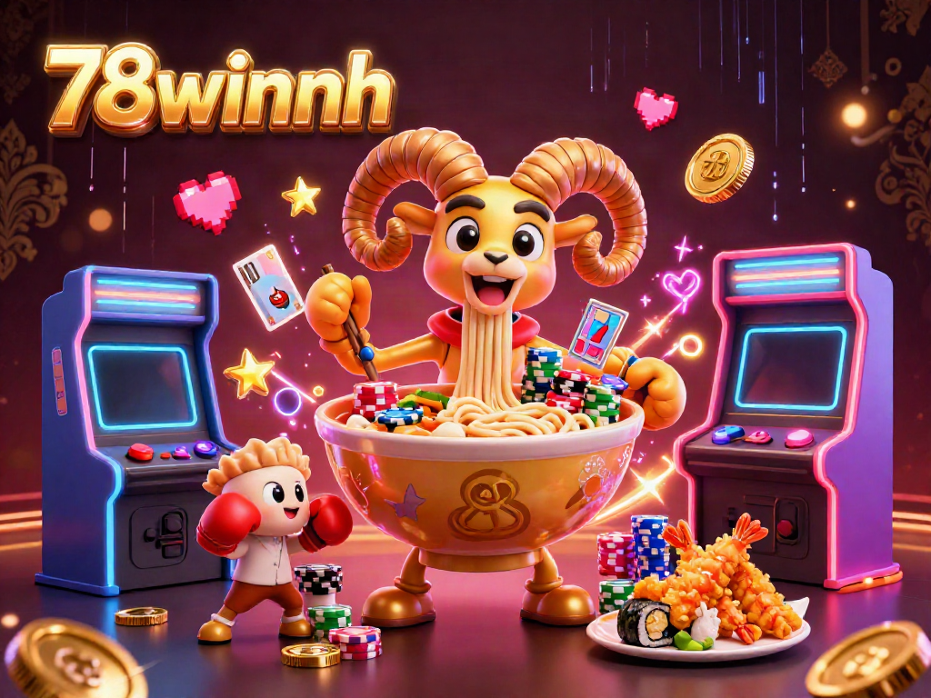 Experience thrilling gameplay at 78winnh with a vibrant casino scene featuring cartoon characters and arcade games.