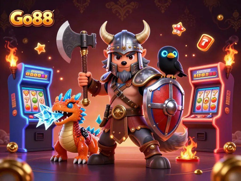 Engage in exciting gameplay with Go88 featuring slot reels, golden coins, and vibrant characters.