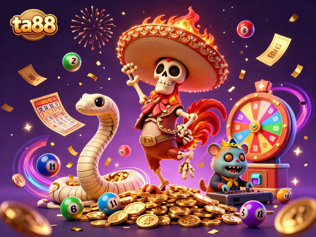 Experience excitement with ta88's vibrant casino scene, featuring a mariachi rooster, a mummy snake, and a DJ hamster celebrating.
