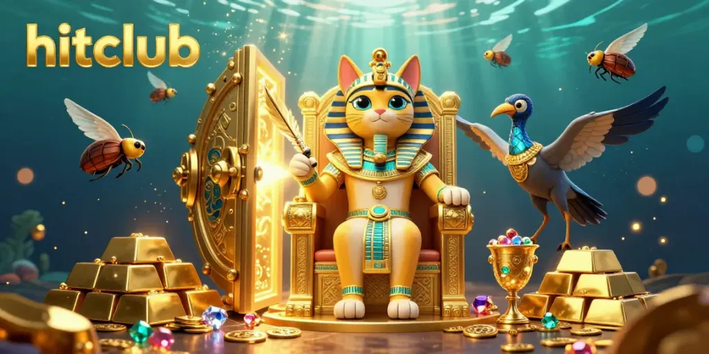 Engage with the hitclub gaming experience featuring vibrant Egyptian-themed characters and golden treasures.