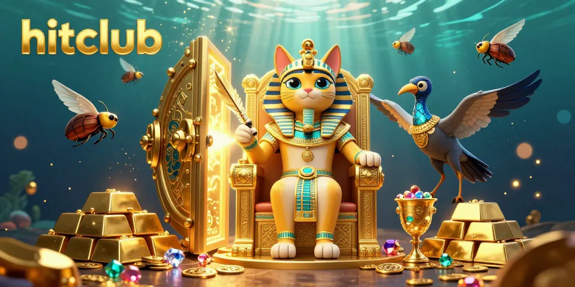 Engage with the hitclub gaming experience featuring vibrant Egyptian-themed characters and golden treasures.