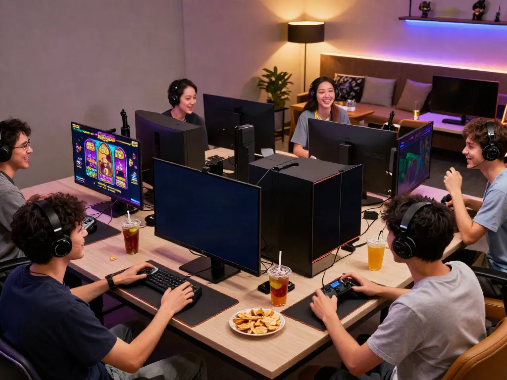 A diverse group of friends enjoying a gaming session with slot gacor games in a cozy lounge.