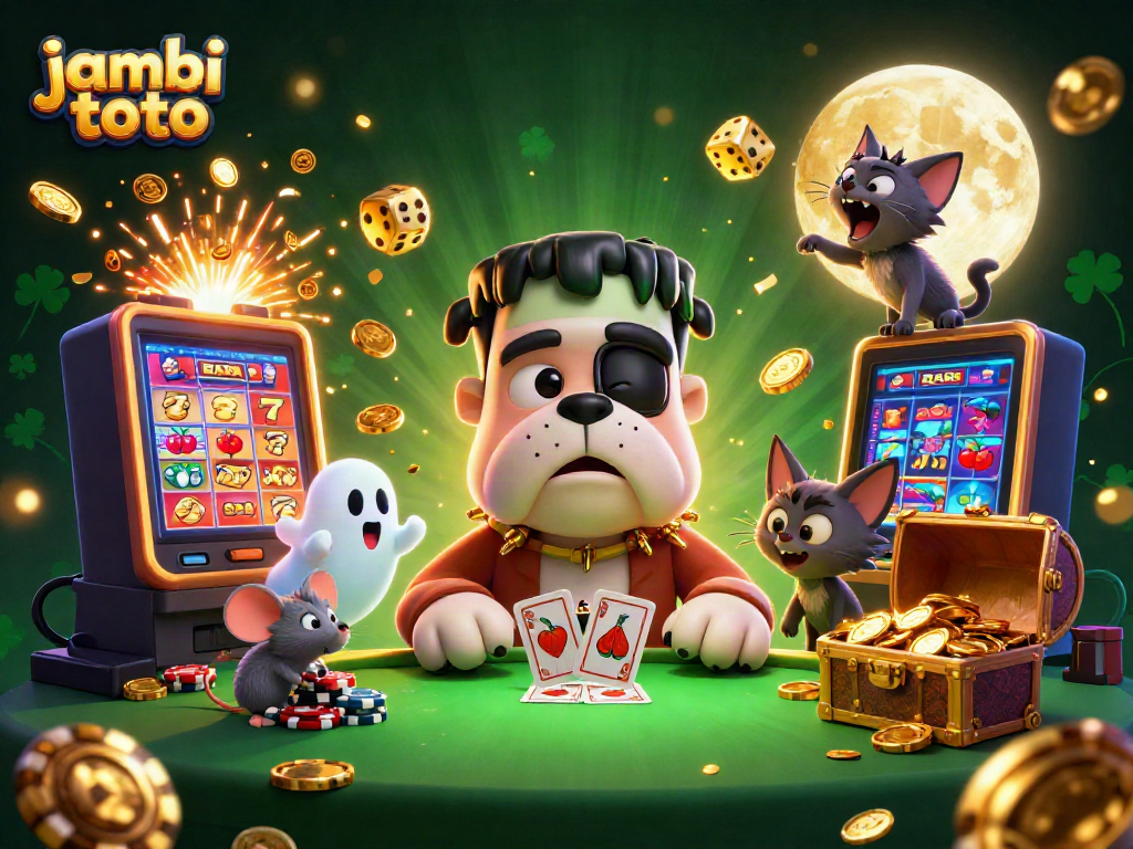 Engage with jambi toto in a thrilling casino scene featuring a cartoon bulldog monster and game elements.