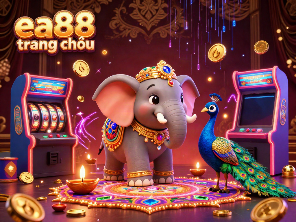 Play and win at ea88 trang chủ with vibrant 3D illustrations featuring a colorful elephant and peacock in a dynamic casino setting.