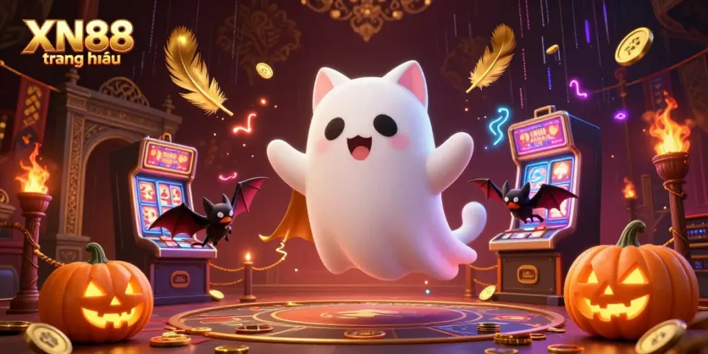 XN88 trang chủ immerses players in a haunted casino setting with vibrant ghostly characters and neon effects.