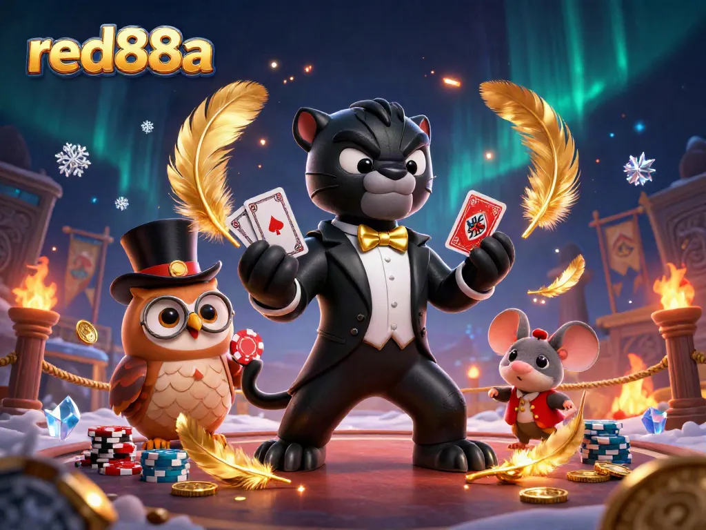 Engage in thrilling gameplay at red88a with a stunning illustration of a panther dealer, poker owl, and lucky mouse.
