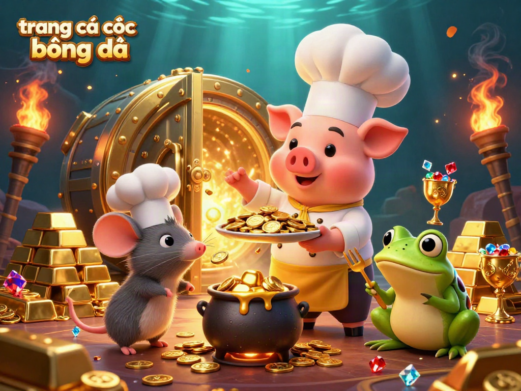 Engage in thrilling sports betting with trang cá cược bóng đá featuring gold coins, trophies, and vibrant characters.