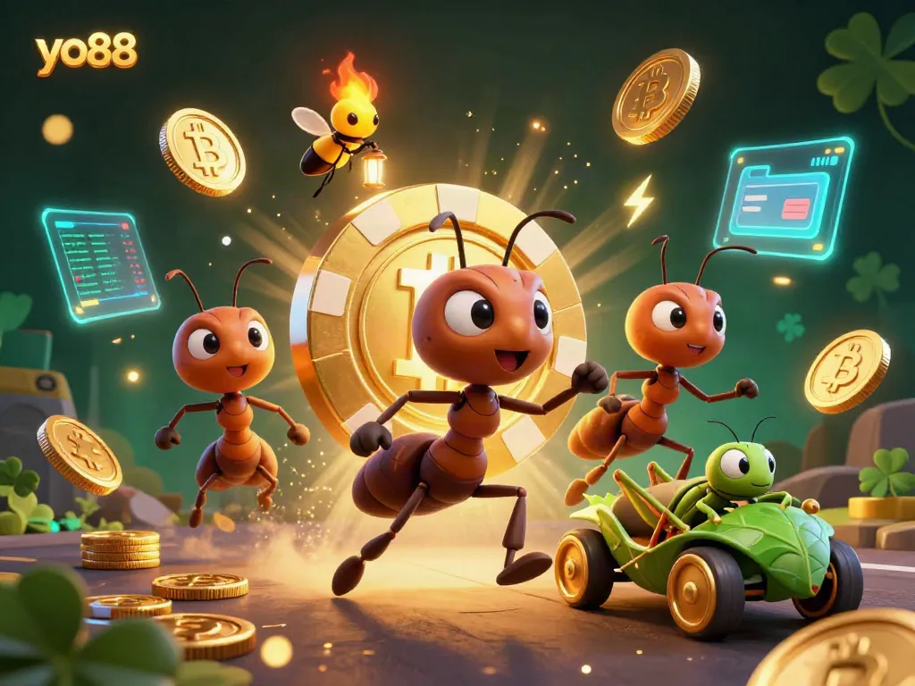 Experience the thrill of yo88 as ants execute a heist with a giant poker chip surrounded by crypto elements.
