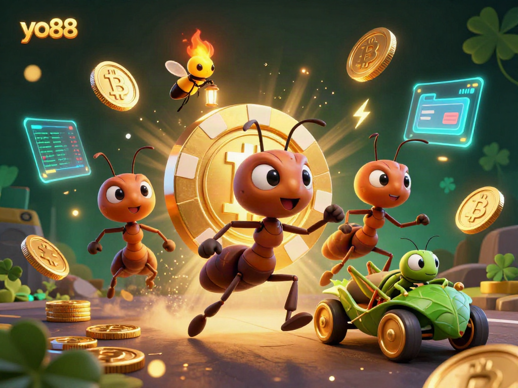 Experience the thrill of yo88 as ants execute a heist with a giant poker chip surrounded by crypto elements.