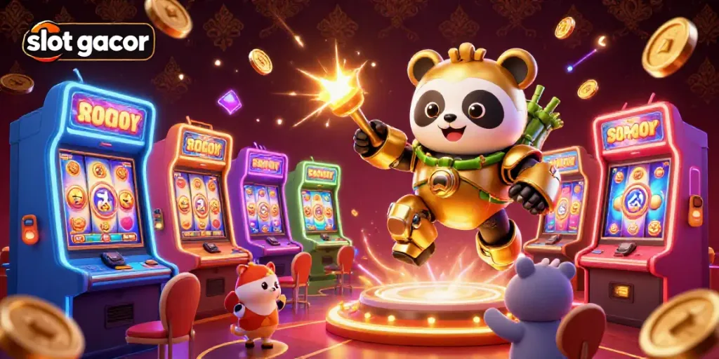 Slot gacor memperkenalkan suasana ceria dengan mesin slot berkilau, jackpot dan karakter robot lucu.