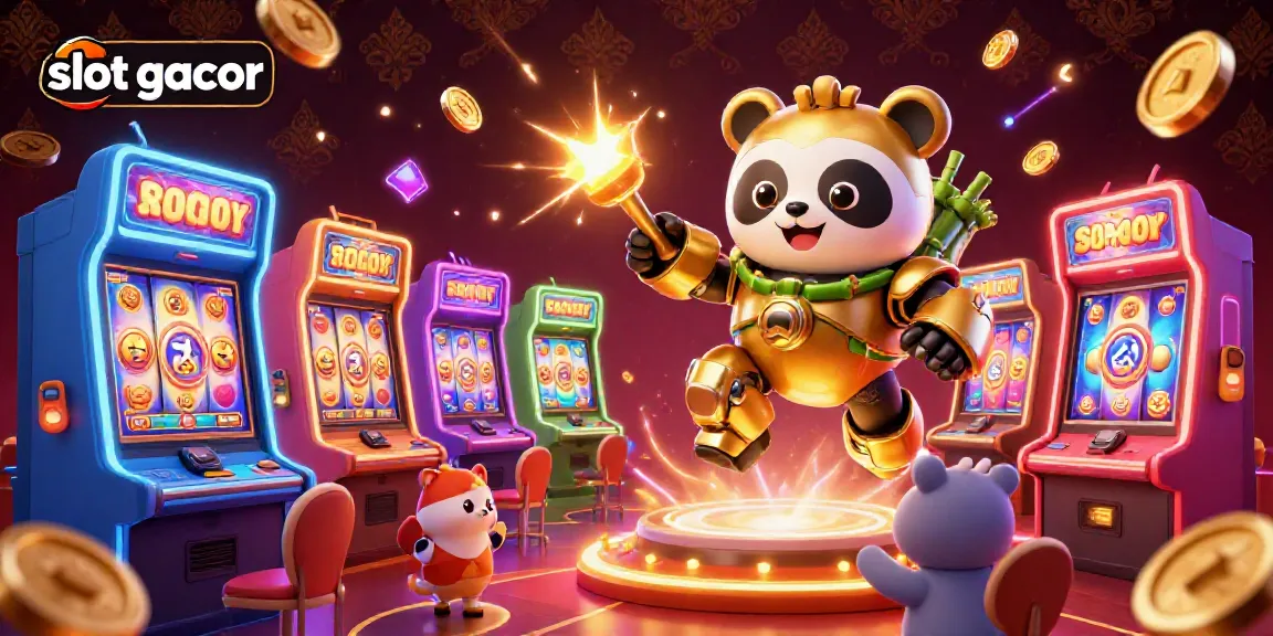 Slot gacor memperkenalkan suasana ceria dengan mesin slot berkilau, jackpot dan karakter robot lucu.