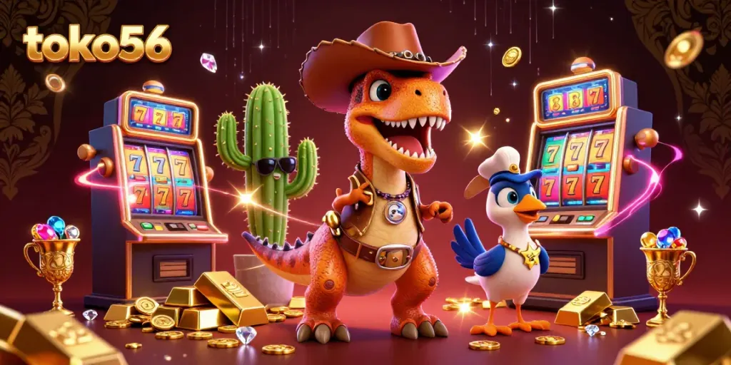 Play at toko56 with a vibrant scene featuring a dinosaur, cactus, and roadrunner surrounded by lively slot machines and treasures.