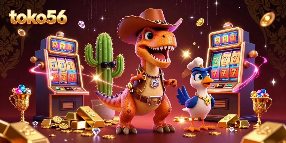 Play at toko56 with a vibrant scene featuring a dinosaur, cactus, and roadrunner surrounded by lively slot machines and treasures.