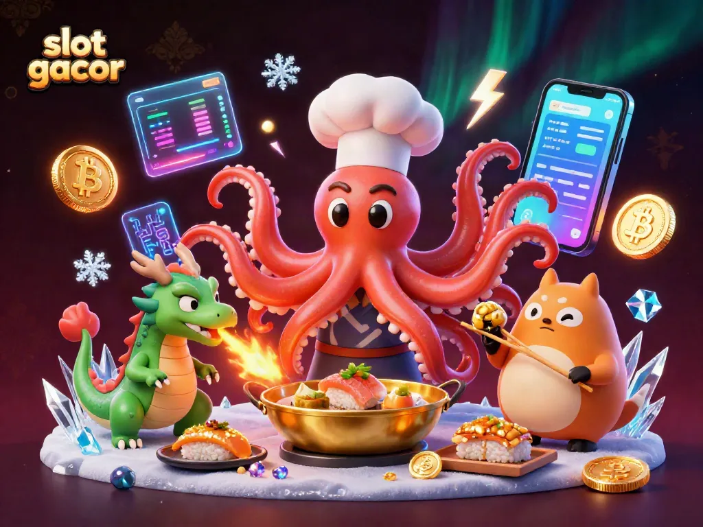Experience the excitement of slot gacor as a sushi chef octopus prepares golden dishes with a wasabi-green dragon at a vibrant casino scene.
