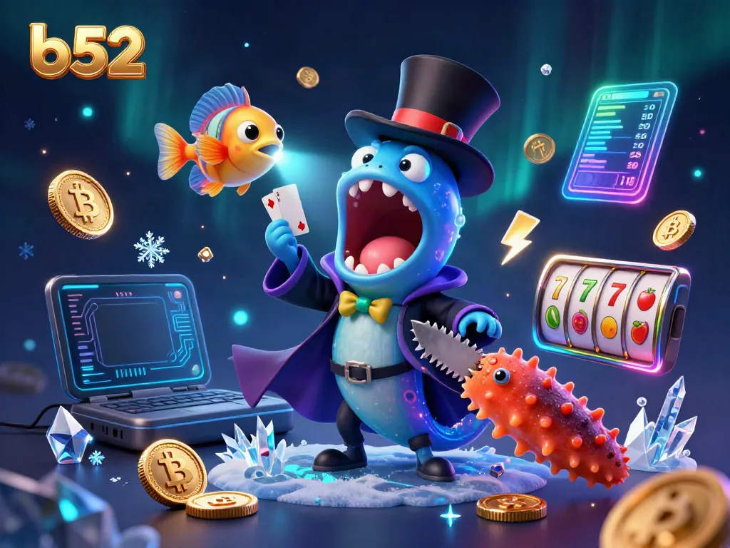 Experience thrilling b52 casino magic with cartoon characters performing card tricks and slot games.
