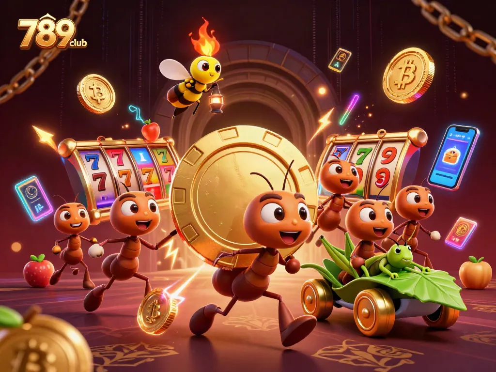 Experience excitement at 789club with ants running a heist, showcasing colorful casino elements.