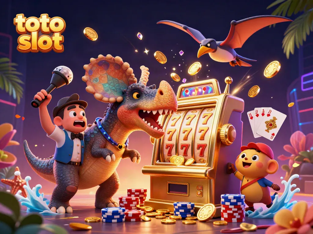 Menangkan jackpot dengan toto slot dalam ilustrasi kasino 3D penuh warna.