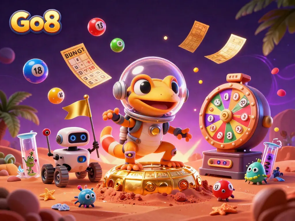 Go8's Martian gecko uncovers a golden casino with vibrant elements in an enchanting cosmic scene.