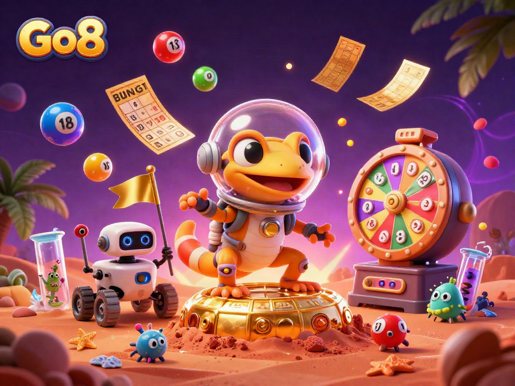 Go8's Martian gecko uncovers a golden casino with vibrant elements in an enchanting cosmic scene.