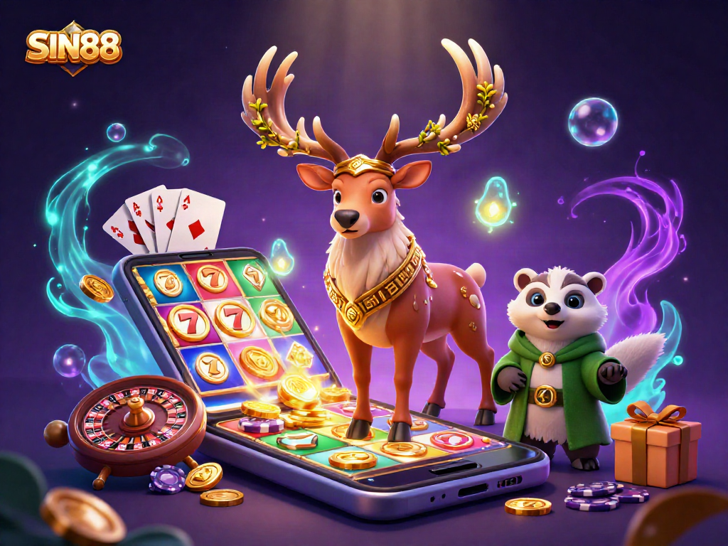 SIN88 brings excitement as the Celtic druid stag and badger join a vibrant casino scene bursting with games.