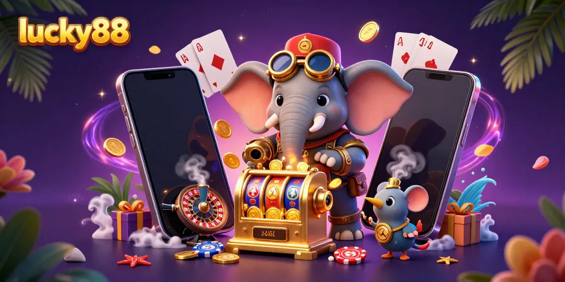 Experience thrilling wins at lucky88 with a steampunk elephant operating a vibrant slot machine in an engaging casino scene.