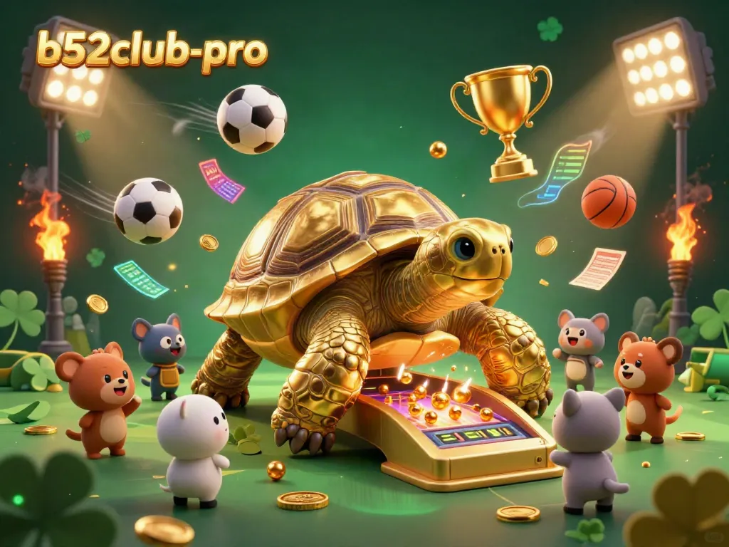 Play exciting games at b52club-pro with a golden tortoise pinball machine surrounded by vibrant sports elements.