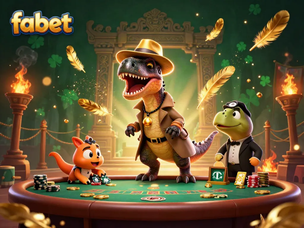 Fabet highlights a gameplay scene with animated characters engaging at a blackjack table amidst vibrant casino elements.