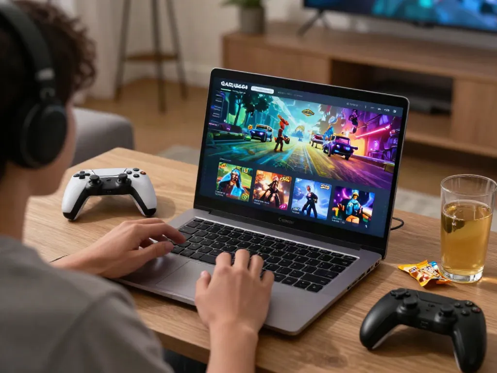 Engaged user enjoying vibrant games on GARUDA404 platform in cozy home setting.