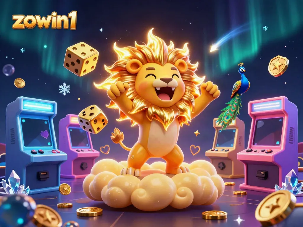 Zowin1 invites players to enjoy vibrant casino fun with a 3D cartoon lion and golden dice.