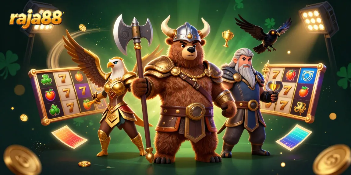Engage in thrilling gameplay with raja88, featuring a Viking bear and Valkyrie eagle in a vibrant casino scene.