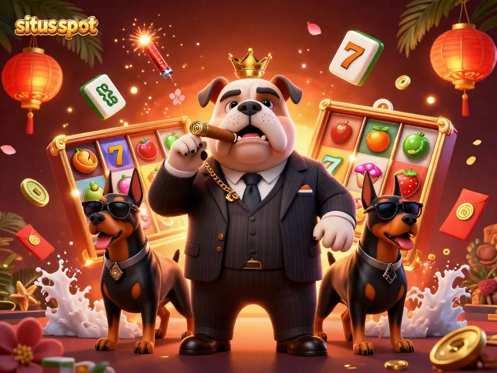 Experience exhilarating situs slot action with a mafia bulldog surrounded by vibrant gaming symbols and rich colors.