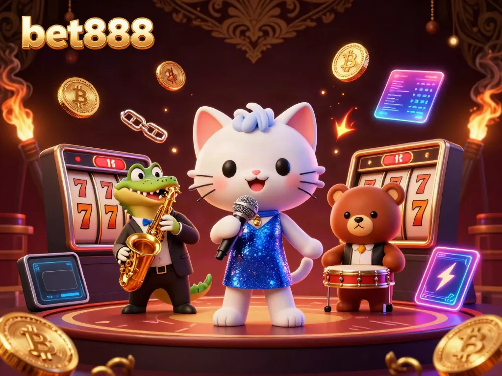 Experience the vibrant bet888 casino atmosphere with animated characters and glowing crypto elements.